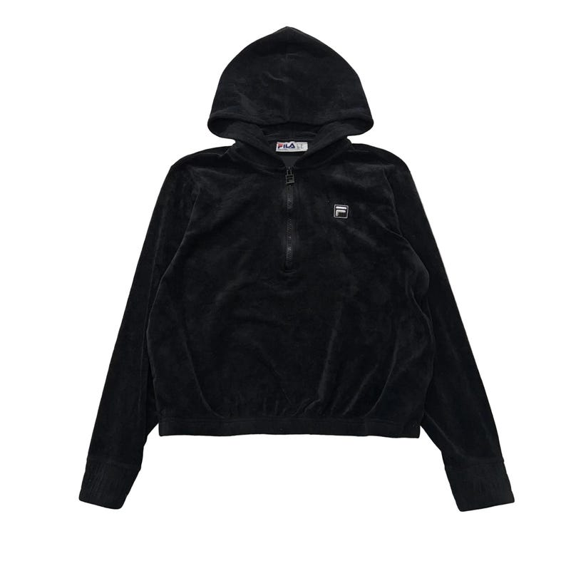 Fila Women's Jet Black Velour Pullover Hoodie Quarter Zip Elasticated Hem Size M image 1