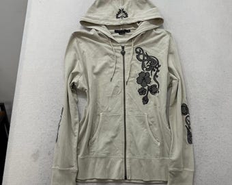 Sudadera con capucha y cremallera de algodón blanco para mujer Vertigo, con logo floral de pedrería, estilo Y2K, talla XL