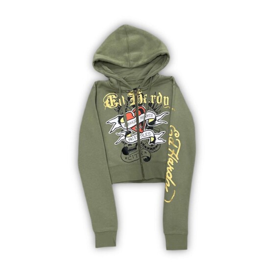 Ed Hardy “broken Hearts” Sage Cropped Zip up Hoodie - Etsy