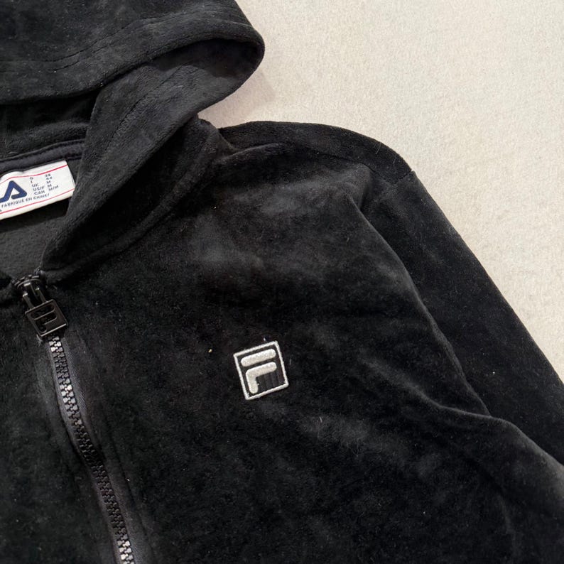 Fila Women's Jet Black Velour Pullover Hoodie Quarter Zip Elasticated Hem Size M image 6