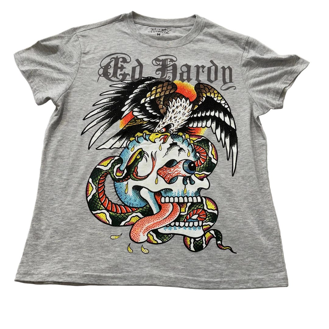 Ed Hardy Battle Skull Men's Heather Gray Cotton T-shirt Graphic Tee ...