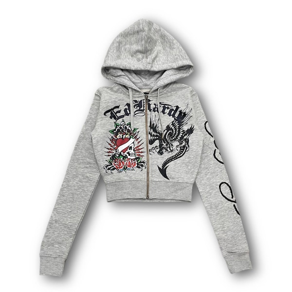 Ed Hardy „Heart Roses“ Grauer abgeschnittener Zip Up Hoodie