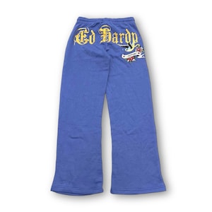 Pantalones deportivos acampanados azul pálido Ed Hardy para mujer con tatuaje de pájaro gratis Y2K, talla L