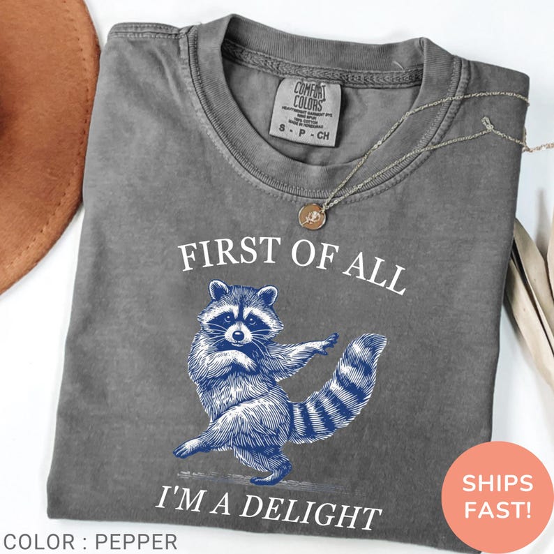 May include: Pepper-colored t-shirt with a raccoon graphic in blue ink. The text "FIRST OF ALL I'M A DELIGHT" is printed above and below the raccoon. The shirt has a crew neck and short sleeves.