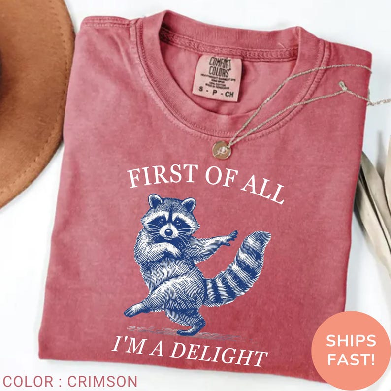 May include: Crimson-colored t-shirt with the text "FIRST OF ALL I'M A DELIGHT" and a blue illustration of a raccoon. The shirt has a crew neck and short sleeves. The tag reads "COMFORT COLORS".