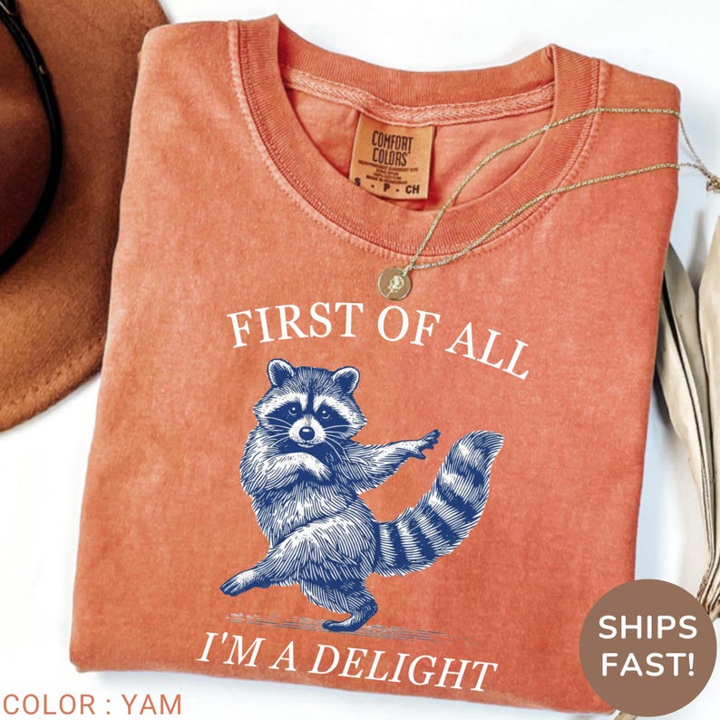 May include: A yam-colored t-shirt with the text "FIRST OF ALL I'M A DELIGHT" and a blue raccoon graphic. The shirt has a crew neck and a Comfort Colors tag. A gold necklace is draped across the shirt.