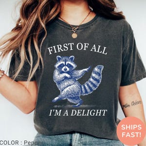 May include: Dark gray t-shirt featuring a blue illustration of a raccoon with the text "FIRST OF ALL I'M A DELIGHT". The raccoon is depicted in a dancing pose. The shirt is a solid color and has a crew neck.