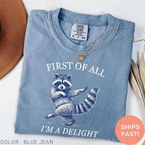 May include: Blue jean-colored t-shirt with a raccoon graphic and the text "FIRST OF ALL I'M A DELIGHT." The shirt has a crew neck and short sleeves. A gold necklace is draped on the shirt. The shirt is labeled "COMFORT COLORS."