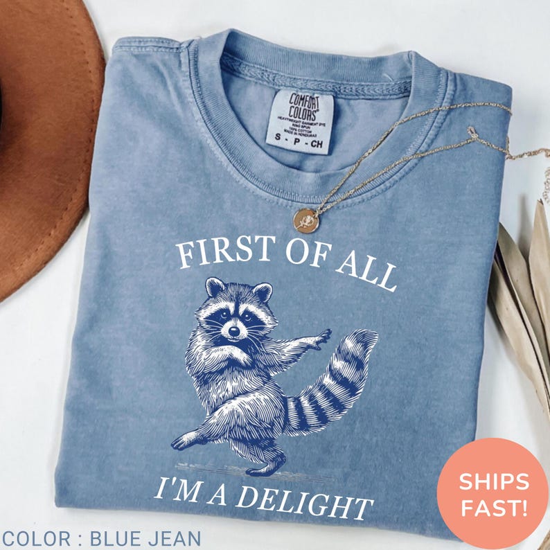 May include: Blue jean-colored t-shirt with a raccoon graphic and the text "FIRST OF ALL I'M A DELIGHT." The shirt has a crew neck and short sleeves. A gold necklace is draped on the shirt. The shirt is labeled "COMFORT COLORS."