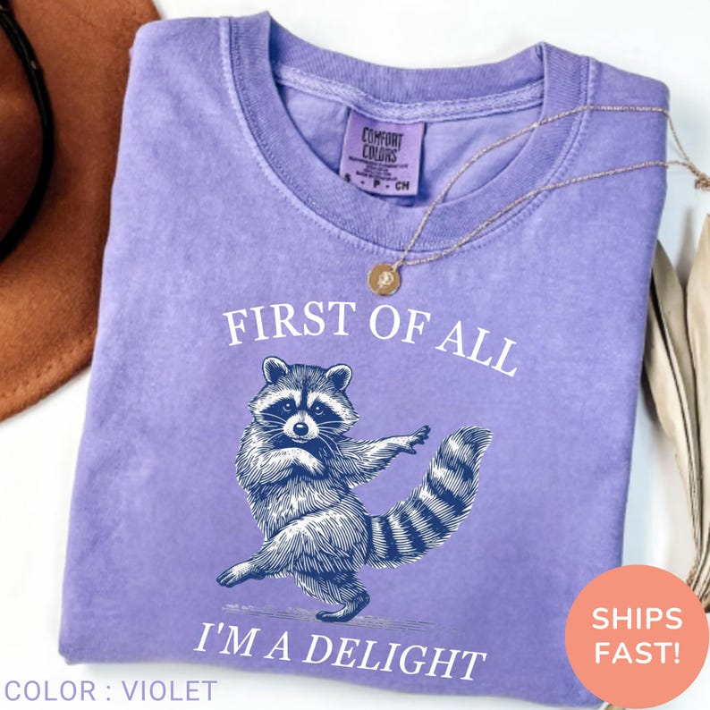 May include: Violet Comfort Colors t-shirt with a raccoon graphic and the text "FIRST OF ALL I'M A DELIGHT." The shirt also has a small tag that says "COMFORT COLORS." A gold necklace is draped over the shirt. The shirt is folded and ready to ship.
