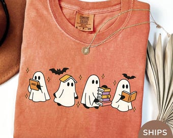 Comfort Colors® Ghost Reading Books Shirt, Bookish Halloween Shirt, Teacher Librarian Halloween Gift, Halloween Book Lover, Halloween School