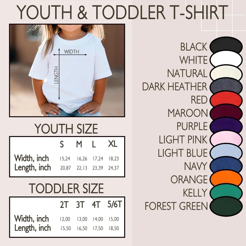 Color and Size Chart Youth and Toddler Tshirt