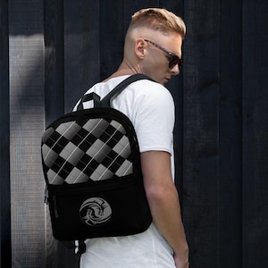 Black and Gray Plaid Backpack with Dragon Emblem – Stylish School Backpack for Kids, Teens & College Students