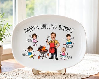 Personalized Kids Face Grilling Platter, Custom Daddy's Grilling Plate,BBQ Plate,Father's Day Gift from Grandkids, Funny BBQ Gift for Dad