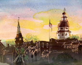 Sunset at Main & Dock | 8.5" x 11" Annapolis Watercolor Archival Print