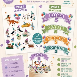 Adorno para tarta con personajes de Puffin Rock / Decoraciones editables para fiestas de cumpleaños (Descarga digital)