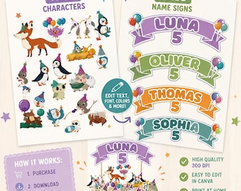 May include: Digital cake toppers featuring two pages of printable animal characters and customizable name banners. Includes instructions for editing, printing, and cutting. A white cake on a wooden stand displays the assembled toppers with balloons.