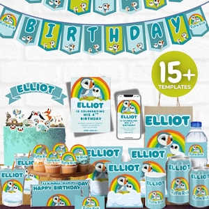 May include: A birthday party bundle with a blue and yellow banner saying "Happy Birthday". Themed with puffins and rainbows, it includes invitations, cupcake toppers, and water bottle labels. The bundle is designed to personalise a child's birthday party.