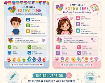 May include: Two rectangular autism ID badge templates with colorful puzzle piece and floral graphics. Each badge includes fields for name, age, address, diagnosis, and emergency contact information, plus the text I MAY NEED EXTRA TIME, kindness & understanding.