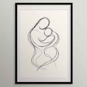 Mother and Child Embrace - Minimalist Line Digital Art Poster