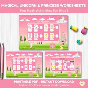 May include: Pink worksheets with unicorn and princess themes for kids. The worksheets include math activities such as addition, subtraction, and comparing numbers. The text on the worksheets reads "MAGICAL UNICORN & PRINCESS WORKSHEETS" and "Fun Math Activities For Kids!"