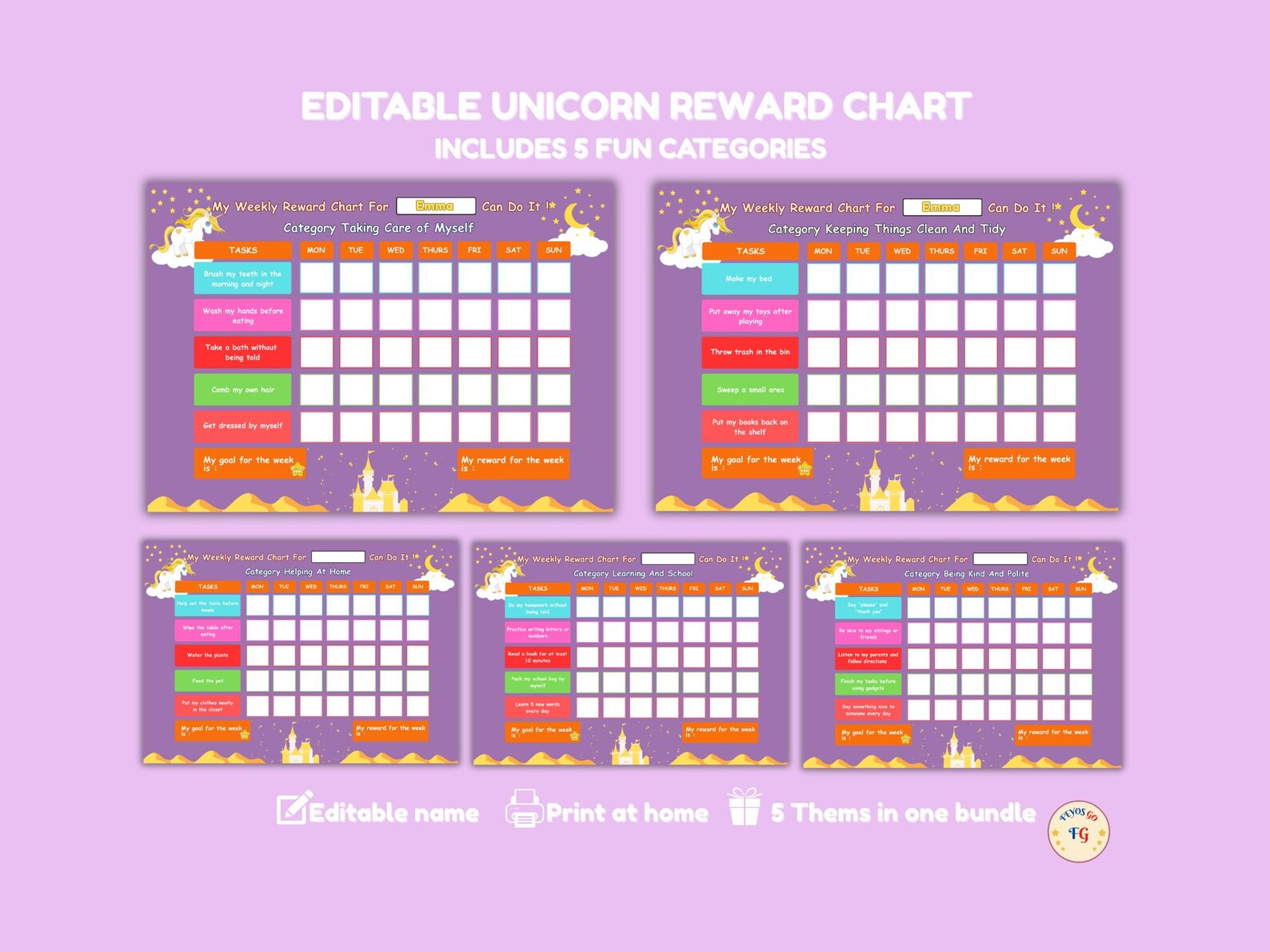 Unicorn Reward Chart for Kids – Editable Printable Chore Chart – 5 ...
