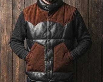 Men’s Black Lambskin Leather Puffer Vest, Sleeveless Down Jacket, Classic Winter Outerwear for Men