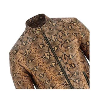 Men&#39;s Brown Exotic Snake Python Texture Print Leather Jacket Biker Jacket