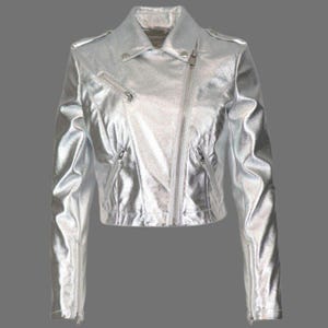 Silver Metallic Leather Biker Jacket: Cropped Sequin Outerwear