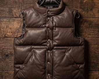 Men's Brown Lambskin Leather Puffer Vest, Quilted Biker Waistcoat