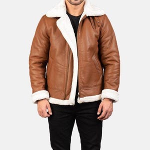 Men&#39;s Brown Shearling Aviator Bomber Jacket: Handmade Sheepskin Leather