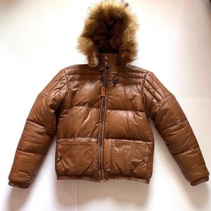 Vintage Distressed Leather Puffer Bomber Jacket with Hoodie – Retro U2 Wear Me Out Style