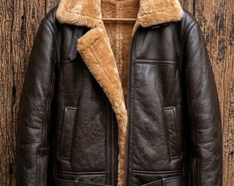 Chaqueta bomber de aviador de piel de oveja para hombre, estilo RAF.