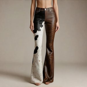 May include: Two-tone flared pants. One leg features a black and white cowhide pattern, while the other is a solid brown leather. The pants have a high waist and a classic five-pocket design. The pants are made of a soft, supple material.