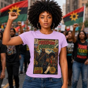 May include: A light purple t-shirt featuring a vintage comic book cover graphic titled Freedom Fighters. The illustration depicts two figures, one holding a rifle and the other with an afro, with text including Justice, Heritage, Liberation.