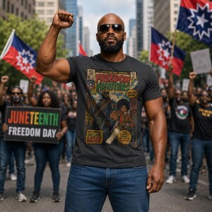 May include: A dark gray short-sleeve t-shirt featuring a vintage comic book cover graphic titled Freedom Fighters. The design depicts two figures in a heroic style with text elements including Justice, Heritage, Liberation, and Two Warriors One Cause.