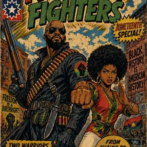 May include: A vintage-style comic book cover titled Freedom Fighters, Juneteenth Special. It features a bearded person in a black coat with a shotgun and bandolier, and a person with an afro in a patterned top. Text includes Black History is American History.