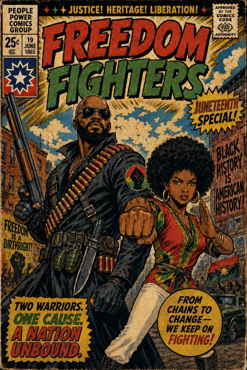 May include: A vintage-style comic book cover titled Freedom Fighters, Juneteenth Special. It features a bearded person in a black coat with a shotgun and bandolier, and a person with an afro in a patterned top. Text includes Black History is American History.