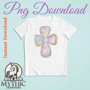 Iridescent Cross PNG Digital Download for Sublimation or DTF Christian Shirt Design with Scripture Text Around the Edge