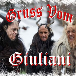 Könnte beinhalten: Drei Figuren in Krampus-Kostümen mit Hörnern und Fell vor verschneitem Hintergrund. Das Bild hat den Text "Gruss Vom Giuliani" in roter gotischer Schrift.
