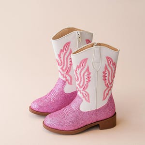 Children&#39;s Glitter Cowboy Multi-Colours Boots | Kids Western Cowgirl Boots | Toddler Knee High Booties | Low Heel Round Toe Boots for Girls