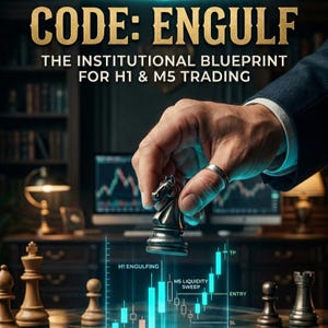 Könnte beinhalten: Ein Schachbrett mit einem Springer, der von einer Hand gehalten wird. Der Text "CODE: ENGULF" und "THE INSTITUTIONAL BLUEPRINT FOR H1 & M5 TRADING" sind im Bild zu sehen. Trading-Indikatoren sind darunter abgebildet.