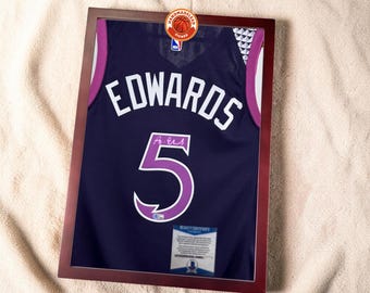 Autographed Edwards #5 M. Timberwolves Basketball Jersey, Beckett Certified, Sticker (New Arrival) - Framed/Unframed (Read descr)