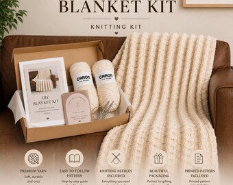 Ivory Cascade Blanket Knitting Kit, Beginner-Friendly DIY Blanket Project with Yarn, Needles and Pattern, Craft Gift for Adults