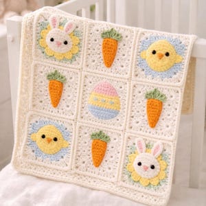 Häkelanleitung für eine Osterdecke (PDF), Häkelanleitung für eine Babydecke im Granny-Square-Stil, Motiv: Hase, Küken, Karotte, Ei, Frühlings-Babydecke