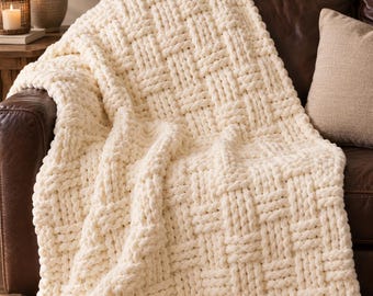 Finger Knit Blanket Pattern, Chunky Blanket Pattern, Basketweave Chenille Throw, Beginner-Friendly No-Needle Hand Knitting Digital Download