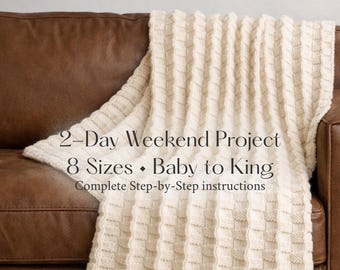 Knitting Pattern Blanket, Easy Knit Blanket Pattern, Basket Weave Blanket, Beginner Knit Throw, Baby to King Sizes, Ivory Cascade Throw PDF