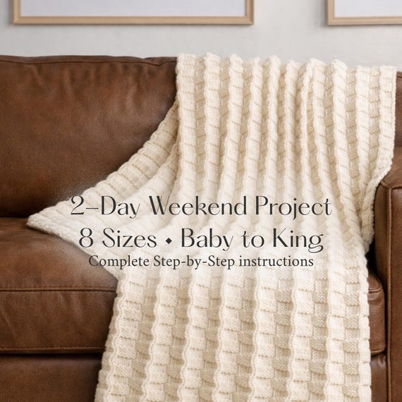 Knitting Pattern Blanket, Easy Knit Blanket Pattern, Basket Weave Blanket, Beginner Knit Throw, Baby to King Sizes, Ivory Cascade Throw PDF