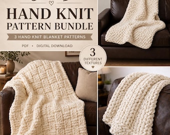 3 Hand Knit Blanket Patterns PDF Bundle, Chunky Finger Knitting, No Needles Jumbo Throw, Beginner DIY Digital Download, Home Decor, Arm Knit