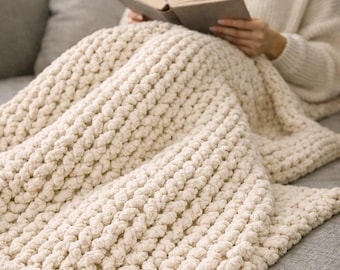 Ivory Weave Throw Knitting Pattern | Chunky Knit Blanket Pattern PDF | Super Bulky Cozy Throw | Beginner Friendly DIY